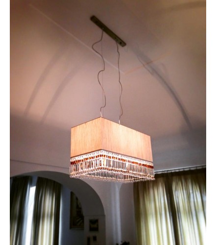 Lampadario rettangolare in stoffa con frangia di cristalli di boemia e swarovski  